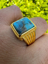 HarlemBling Blue Turquoise Ring Genuine Gemstone Mens Real 14k Gold Over 925 Sterling Silver 