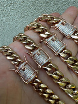 HarlemBling Miami Cuban Link Bracelet W. CZ Clasp - Rose Gold Plated Stainless Steel - 6"-10" - 8mm-14mm 