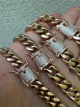 HarlemBling Miami Cuban Link Chain Necklace W. CZ Clasp - Rose Gold Plated Stainless Steel - 16"-30" - 8mm-14mm 