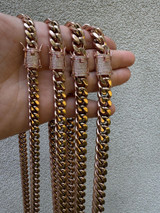 HarlemBling Miami Cuban Link Chain Necklace W. CZ Clasp - Rose Gold Plated Stainless Steel - 16"-30" - 8mm-14mm 