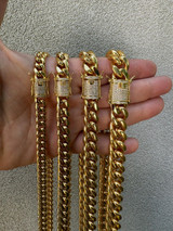 HarlemBling Miami Cuban Link Chain Necklace W. CZ Clasp - 18k Gold Plated Stainless Steel - 16"-30" - 8mm-14mm 