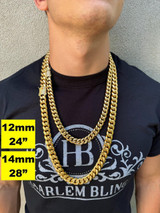 HarlemBling Miami Cuban Link Chain Necklace W. CZ Clasp - 18k Gold Plated Stainless Steel - 16"-30" - 8mm-14mm 