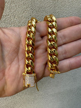 HarlemBling Miami Cuban Link Bracelet W. CZ Clasp - 18k Gold Plated Stainless Steel - 6"-10" - 8mm-14mm 