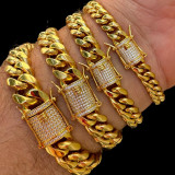 HarlemBling Miami Cuban Link Bracelet W. CZ Clasp - 18k Gold Plated Stainless Steel - 6"-10" - 8mm-14mm 