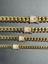 HarlemBling Miami Cuban Link Chain Necklace W. CZ Clasp - 14k Gold Plated Stainless Steel - 16"-30" - 8mm-14mm 