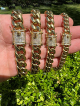 HarlemBling Miami Cuban Link Bracelet W. CZ Clasp - 14k Gold Plated Stainless Steel - 6"-10" - 8mm-14mm 