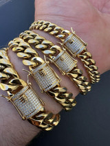 HarlemBling Miami Cuban Link Bracelet W. CZ Clasp - 14k Gold Plated Stainless Steel - 6"-10" - 8mm-14mm 