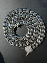 HarlemBling Miami Cuban Link Chain Necklace W. CZ Clasp - Stainless Steel W. 925 Silver Clasp - 16"-30" - 8mm-14mm 