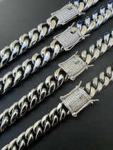 HarlemBling Miami Cuban Link Chain Necklace W. CZ Clasp - Stainless Steel W. 925 Silver Clasp - 16"-30" - 8mm-14mm 