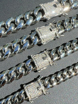 HarlemBling Miami Cuban Link Chain Necklace W. CZ Clasp - Stainless Steel W. 925 Silver Clasp - 16"-30" - 8mm-14mm 