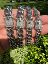 HarlemBling Miami Cuban Link Chain Necklace W. CZ Clasp - Stainless Steel W. 925 Silver Clasp - 16"-30" - 8mm-14mm 