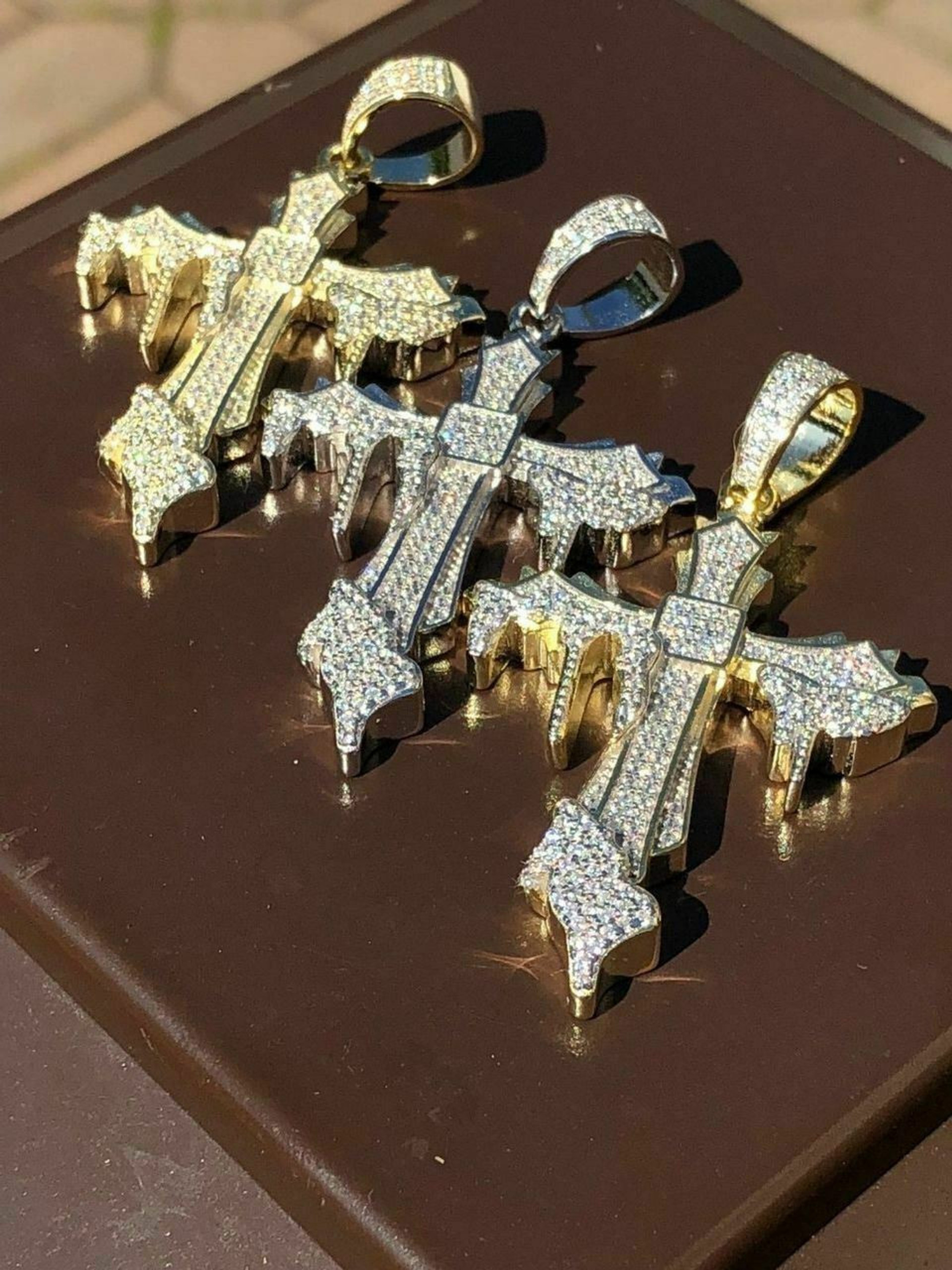 Solid 925 Sterling Silver Dripping Cross Mens Iced Pendant Necklace Flooded Out