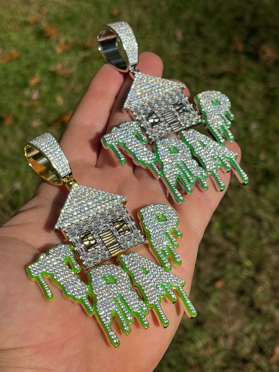 Real 925 Silver Gold HUGE 3" Glows In Dark HOUSE TRAP Hip Hop Pendant