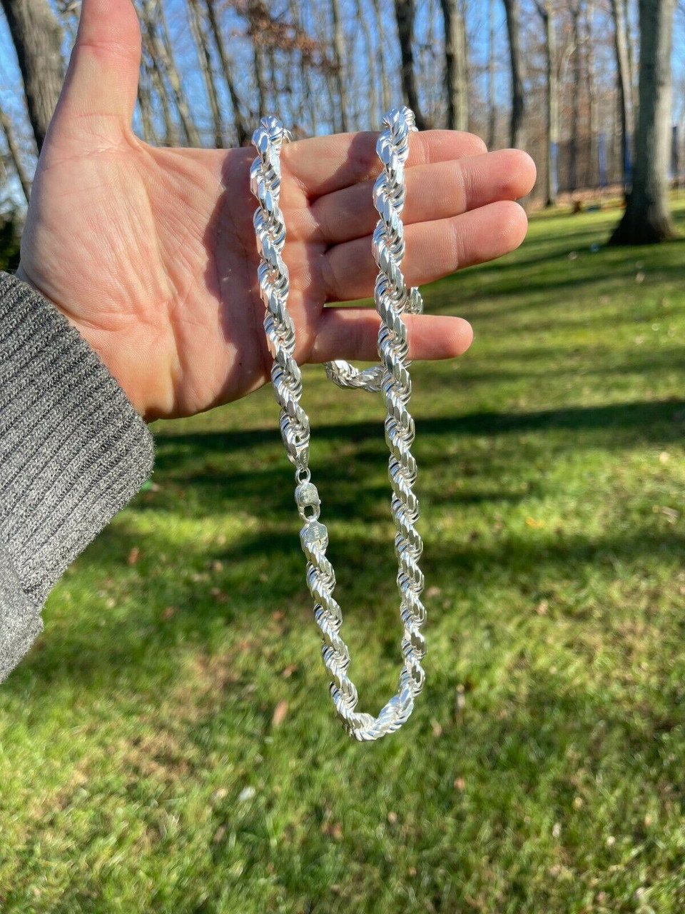 Real Solid 925 Sterling Silver 11mm Thick Men's Rope Chain Necklace