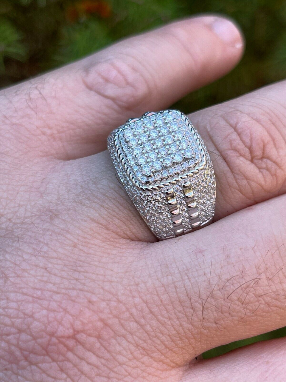 Real Mens Hip Hop Iced 2ct MOISSANITE Ring 925 Silver Pass Diamond