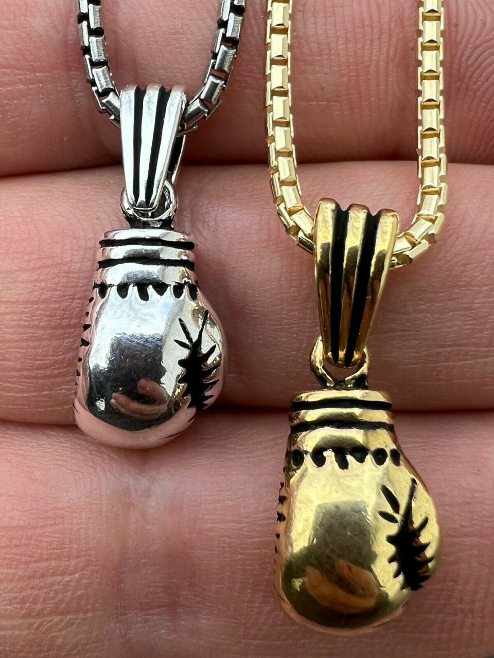 Real Solid 925 Sterling Silver Boxing Gloves Pendant Necklace Gold Mens