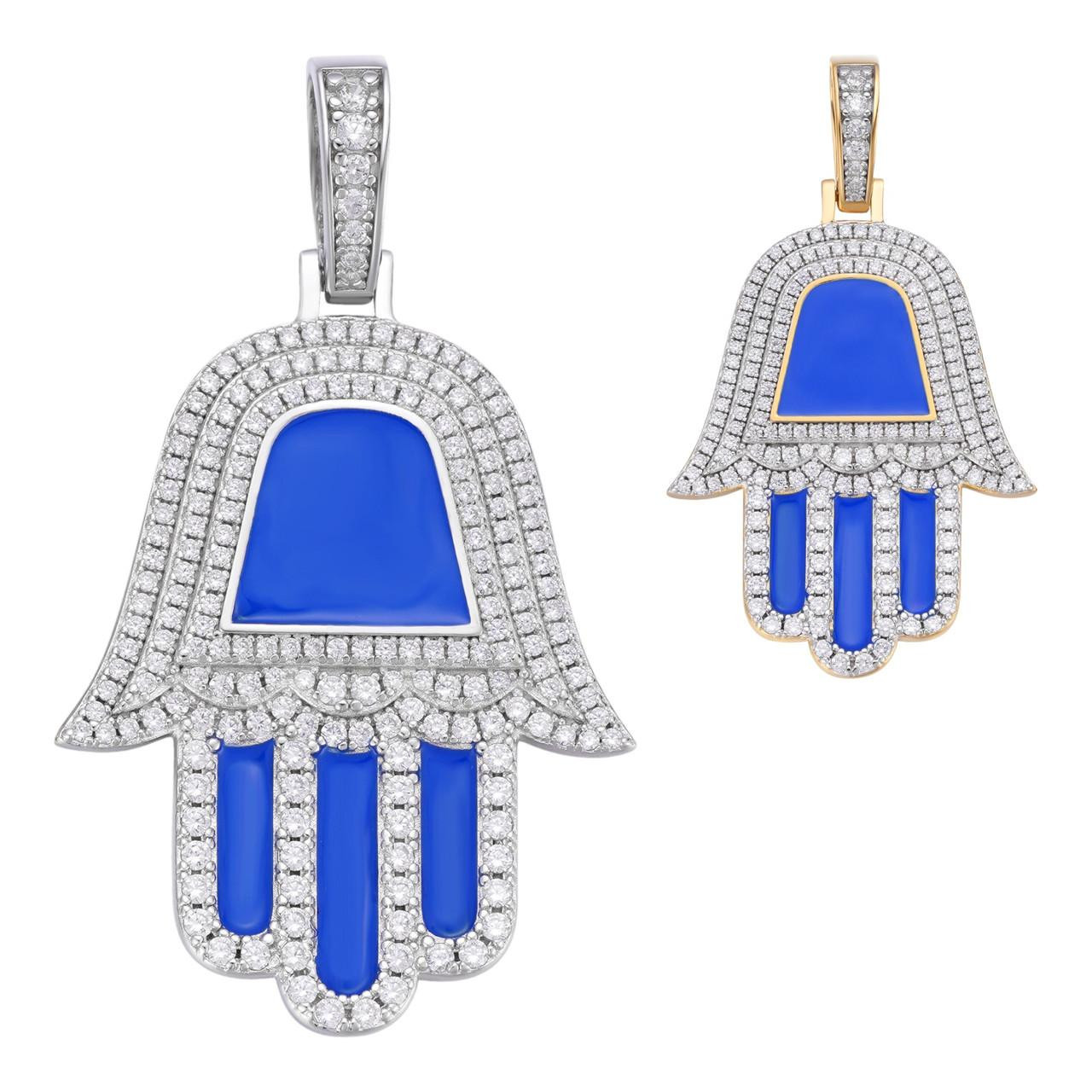 Real 925 Silver 14k Gold Plated Hip Hop Hamsa Hand Pendant - Star Of David Iced CZ