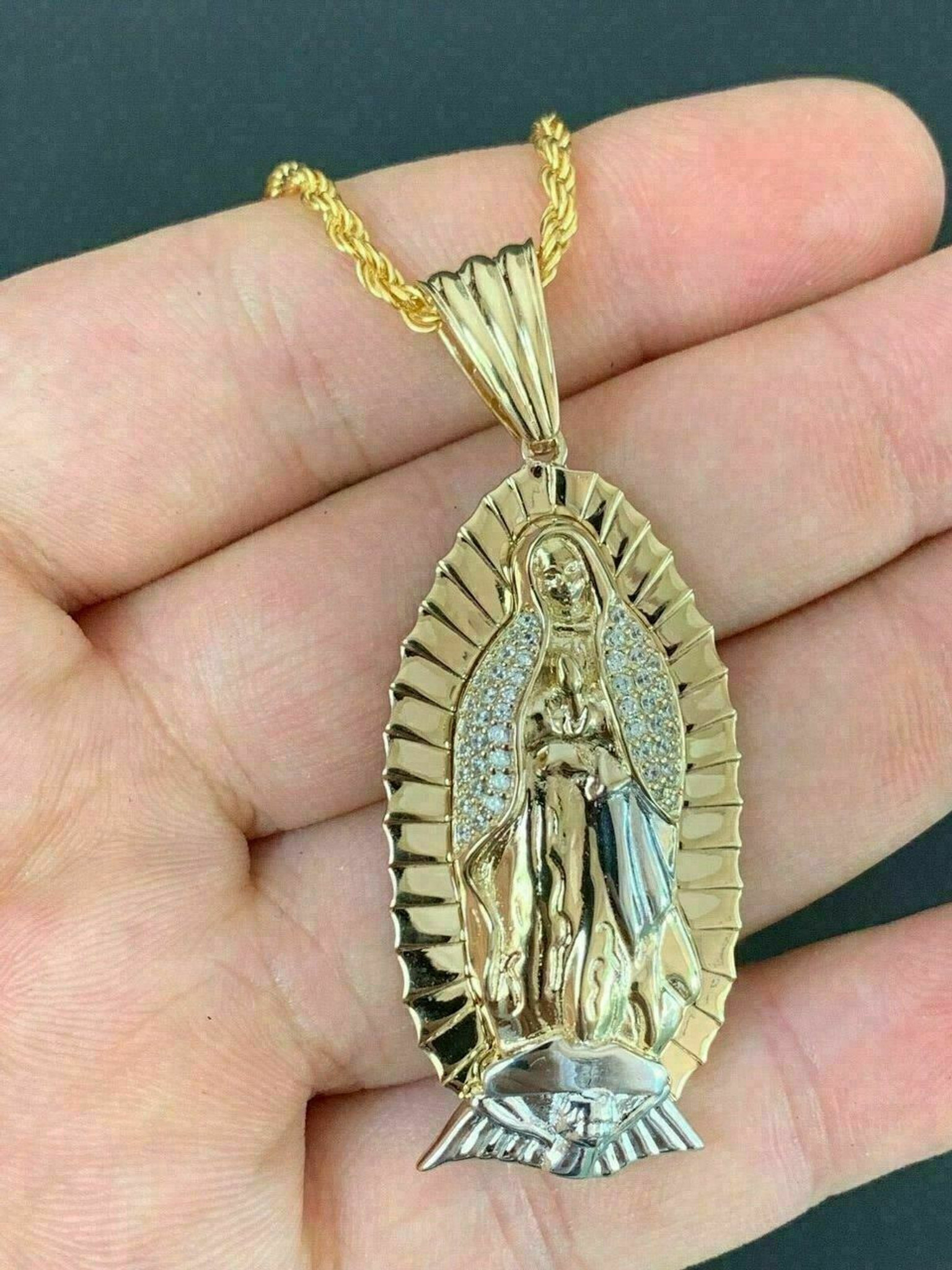 Chisel Stainless Steel Antiqued and Polished Our Lady of Guadalupe Pendant  on a 24 inch Cable Chain Necklace - Quality Gold