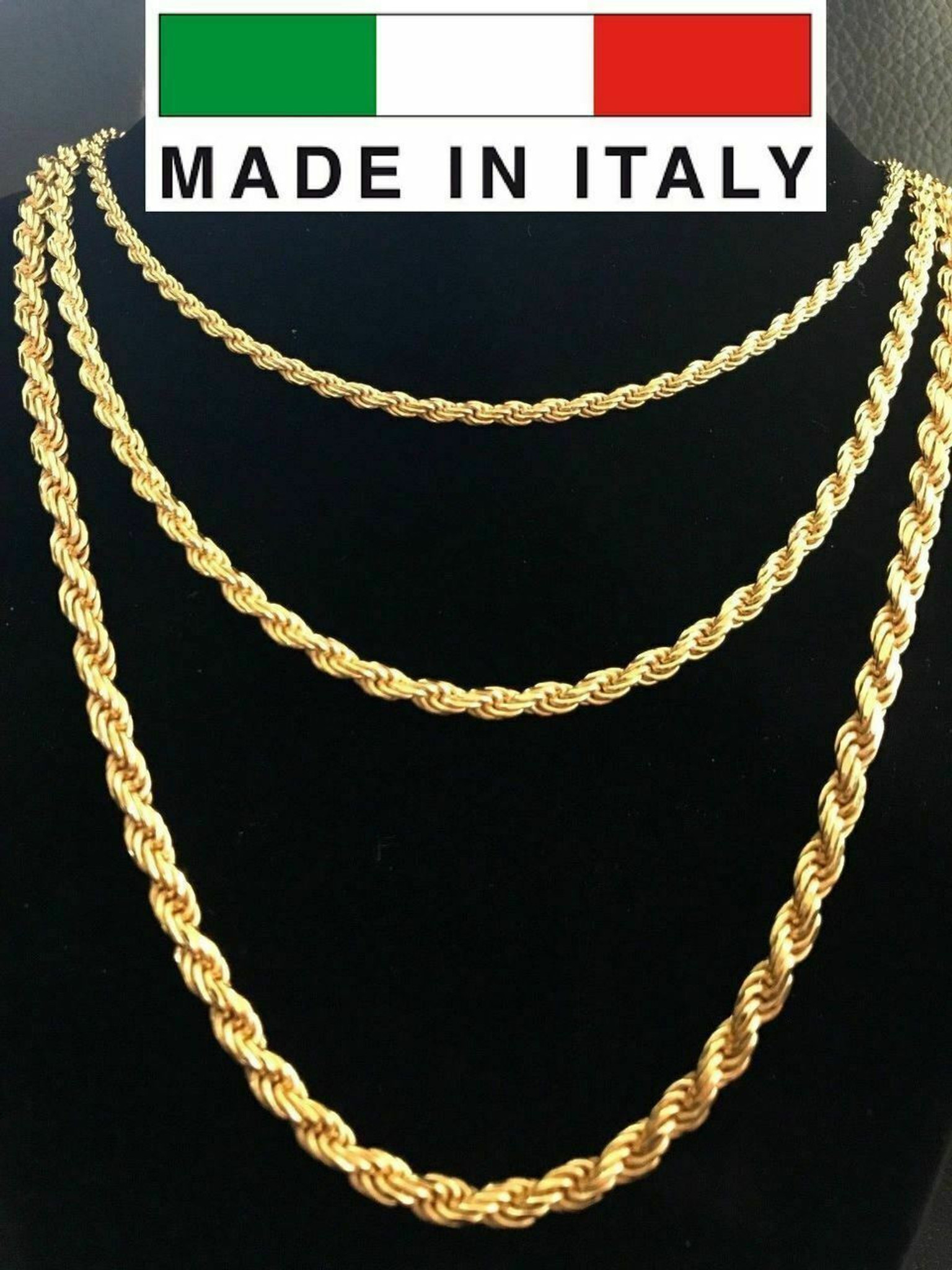 Men's 14K Gold Over Real Solid 925 Silver Rope Chain MADE IN ITALY