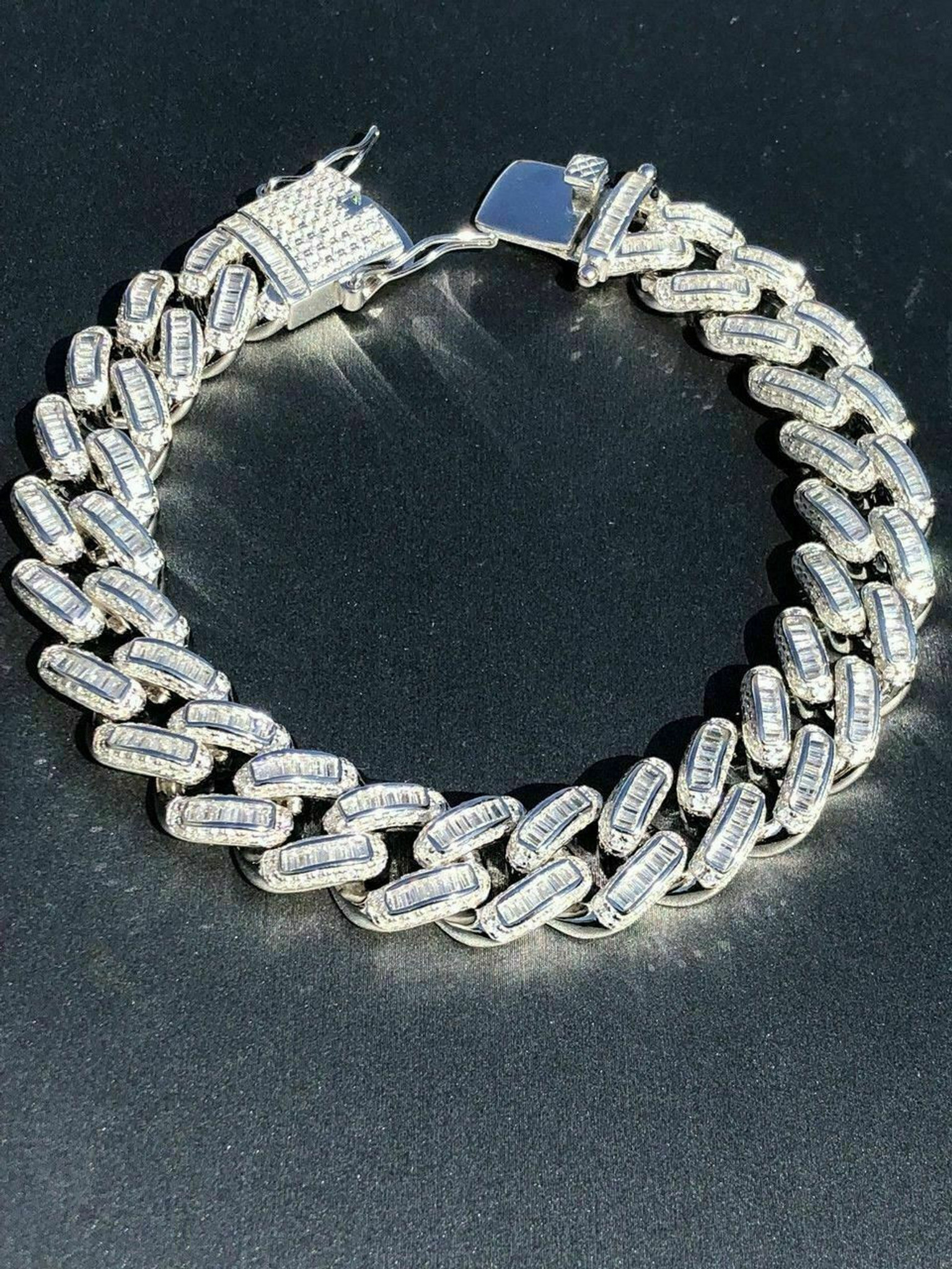 Men's Miami Cuban Link Bracelet Real Solid 925 Silver Baguette