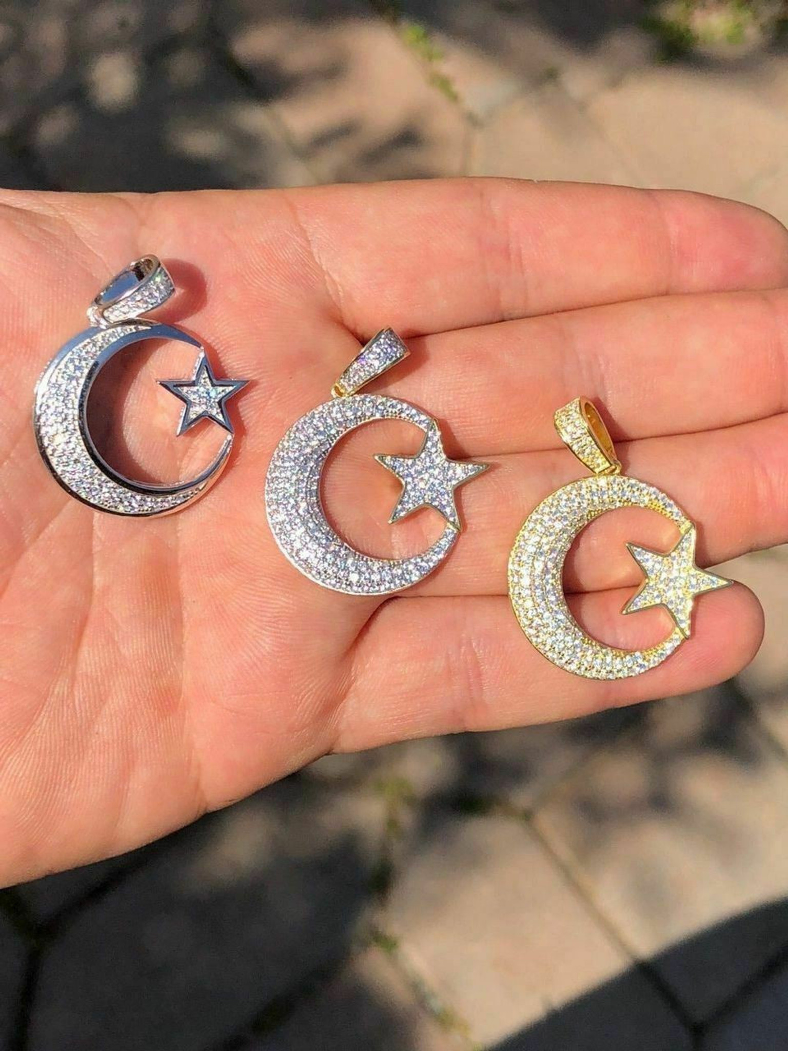 Mens Real 925 Silver / 14k Gold Crescent Moon & Star Islam Muslim Arabic  Pendant | eBay