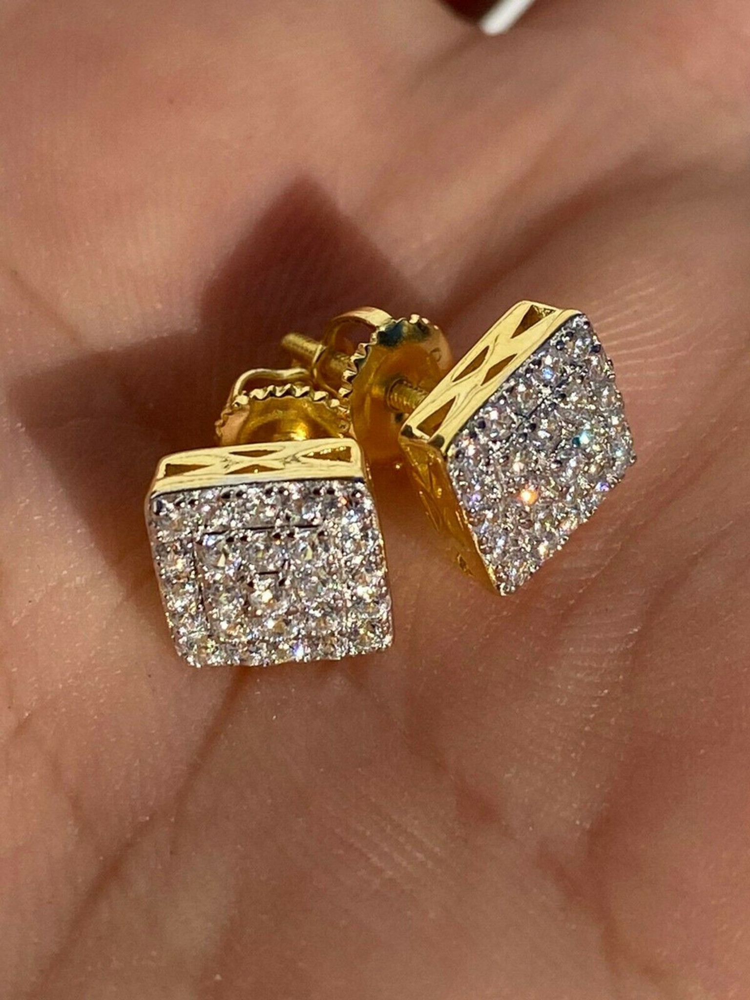 Real Solid 925 Silver Iced Diamond Earrings Screw Back 14k Gold Finish  Square