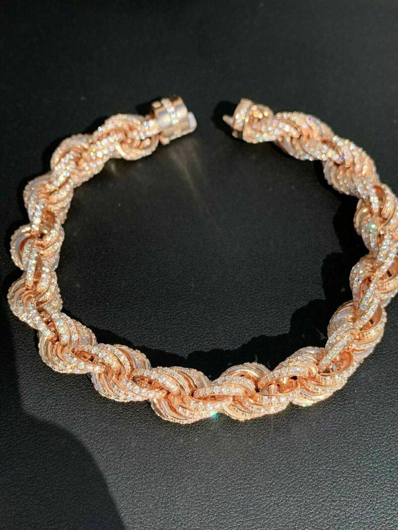 Men's 10mm Rope Bracelet Rose Gold & Real Solid 925 Sterling