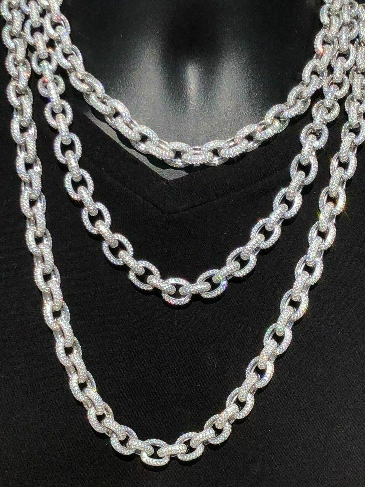 Solid 925 Sterling Silver Mens Thick Heavy Rolo Chain Iced Diamonds Flooded  Out