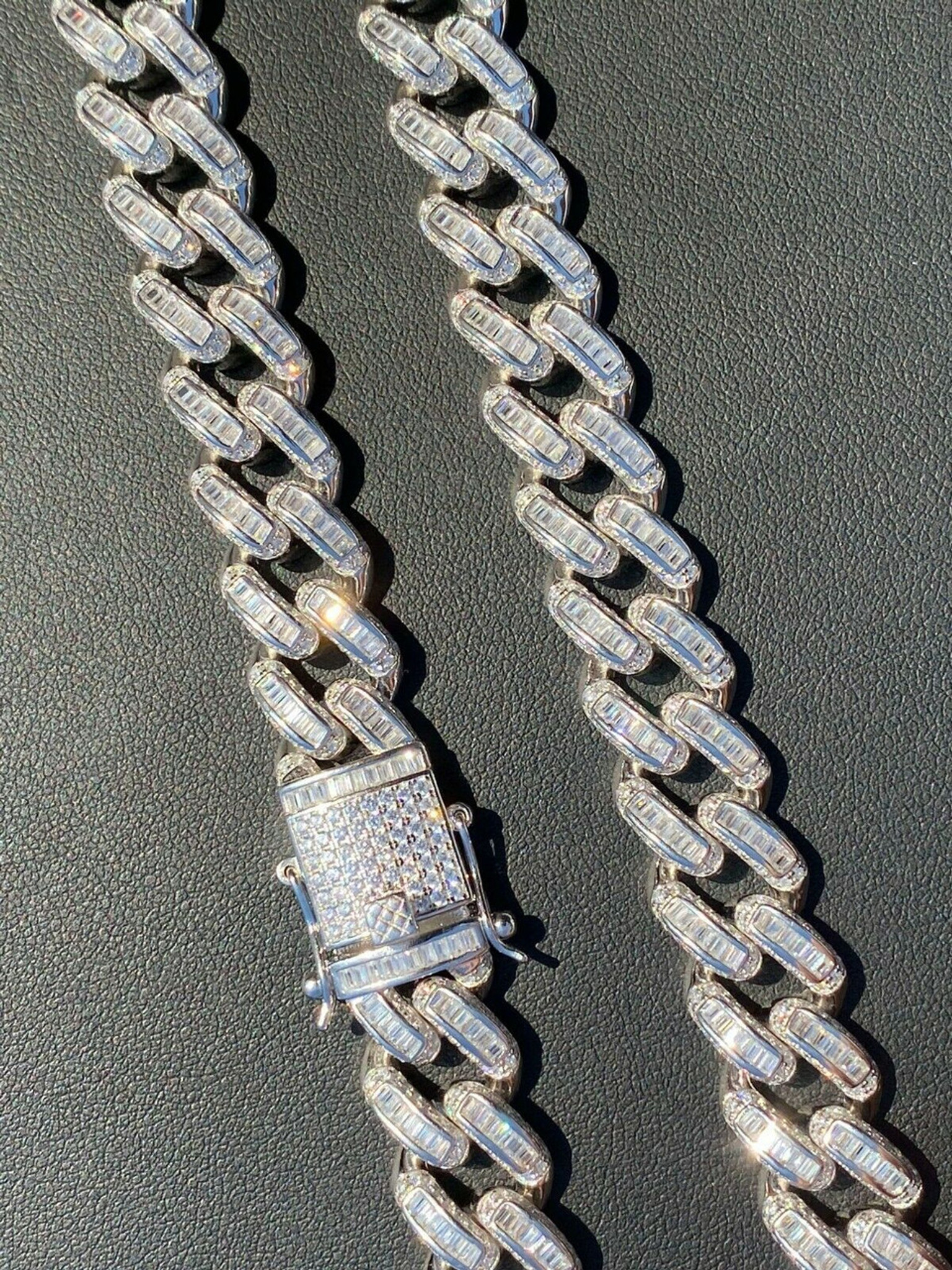 Solid 925 Sterling Silver 12mm Baguette Diamond Miami Cuban Link