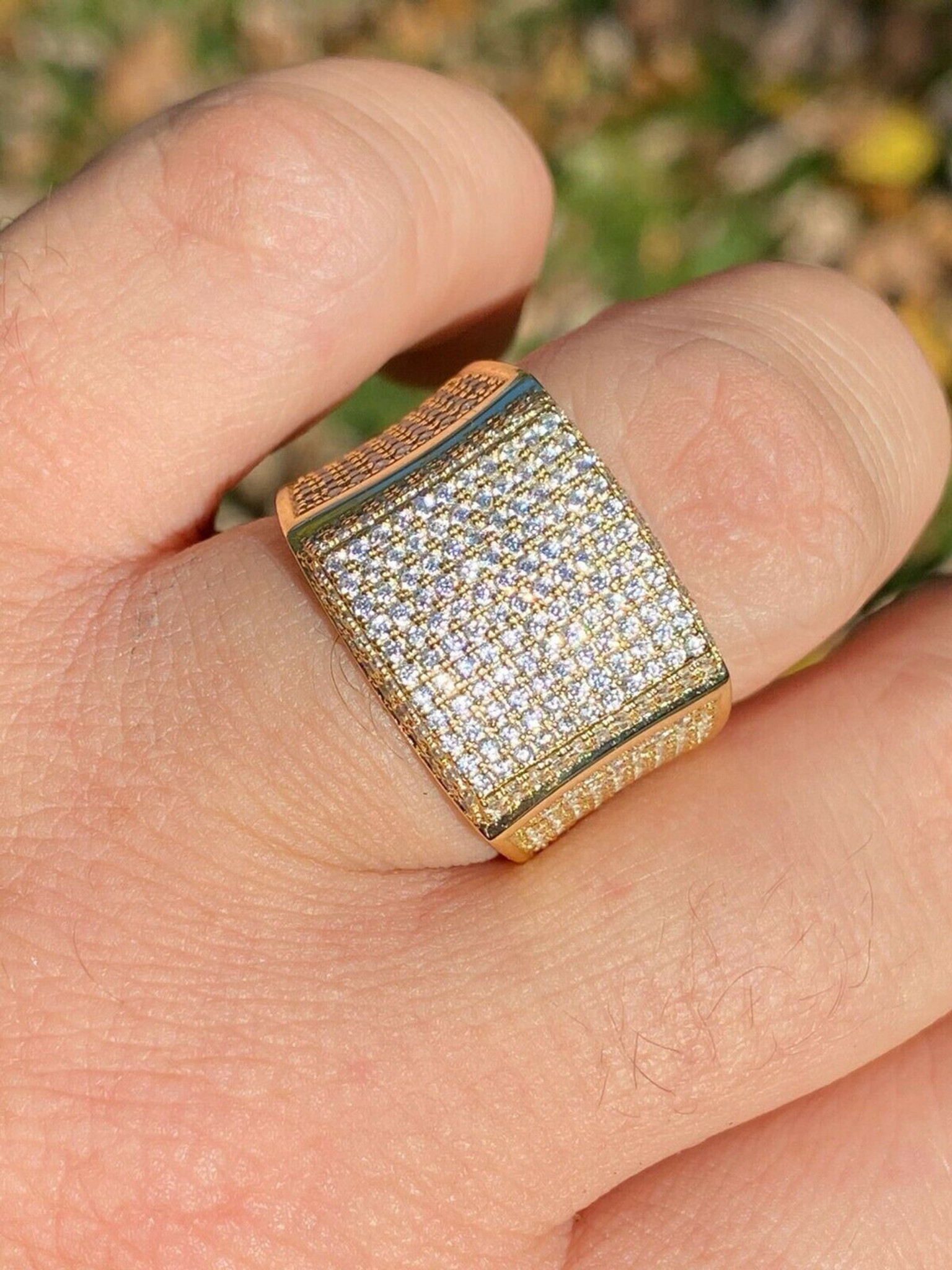 Men's Large Solid Real 14k Gold 925 Silver Square Diamond Pinky