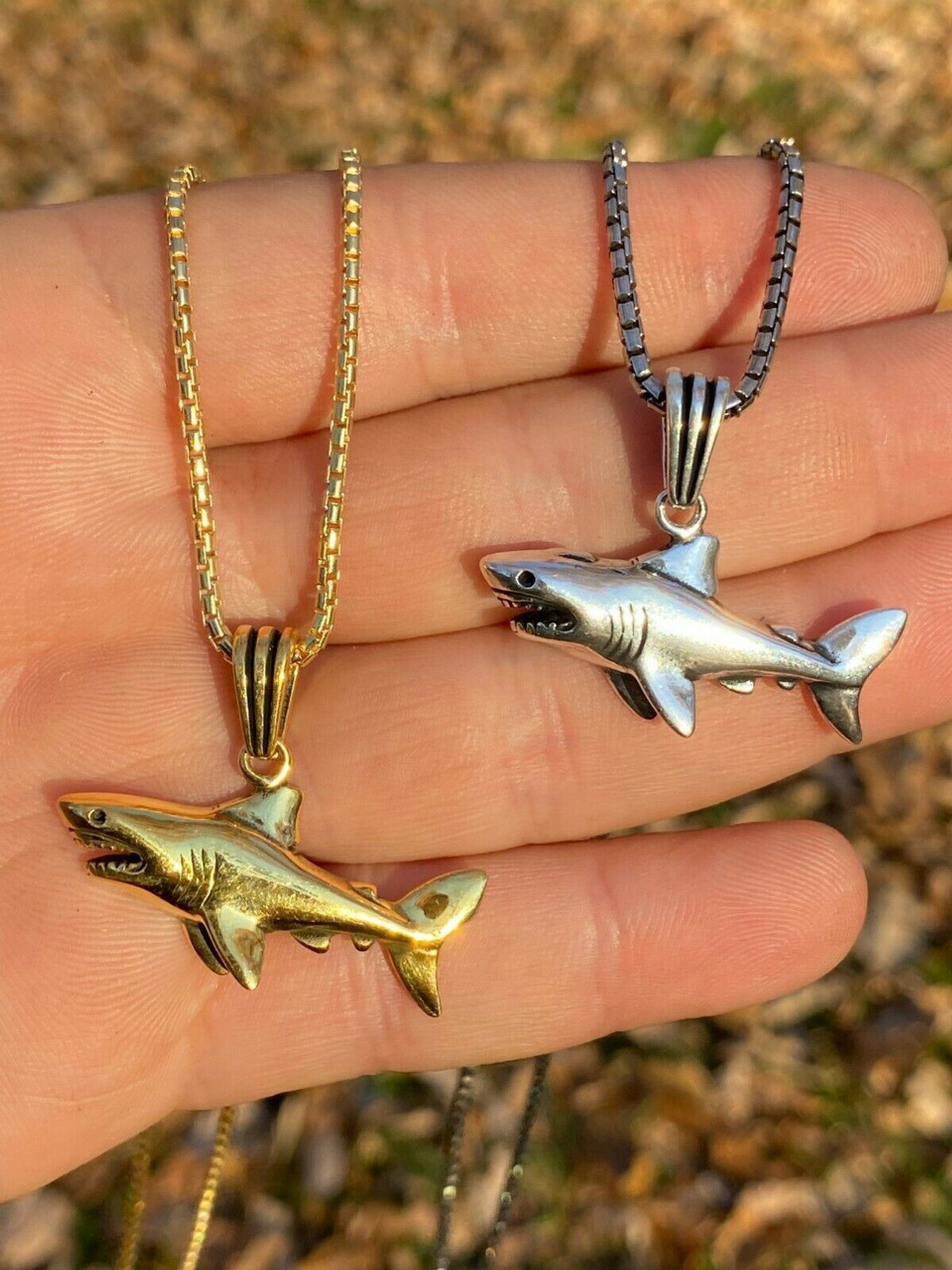 Solid 925 Sterling Silver 3D Great White Shark Gold Large Mens