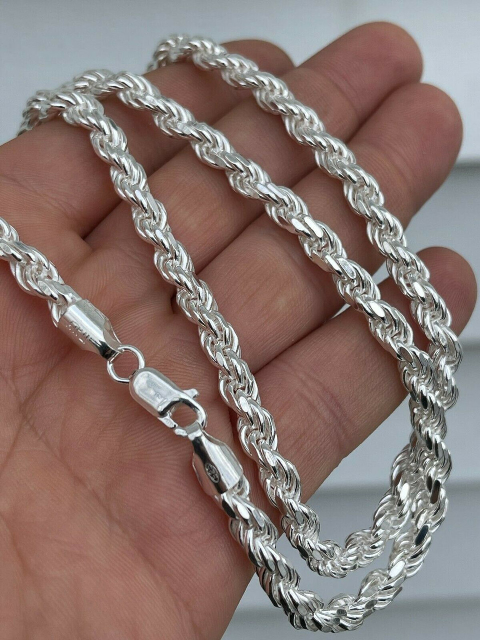 Sterling Silver Diamond Cut Rope Chain Necklace in 7mm Width, Gauge 150. Available in 6 Lengths.