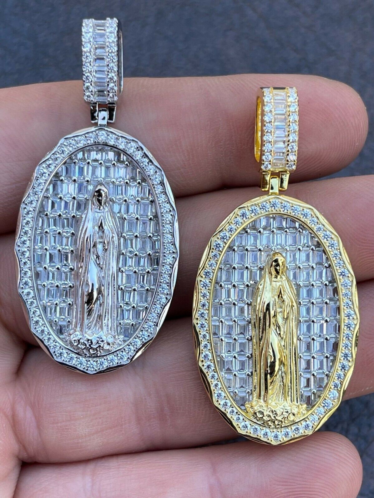 Real 925 Sterling Silver Virgin Mary Necklace Pendant Iced Diamond  Medallion Men