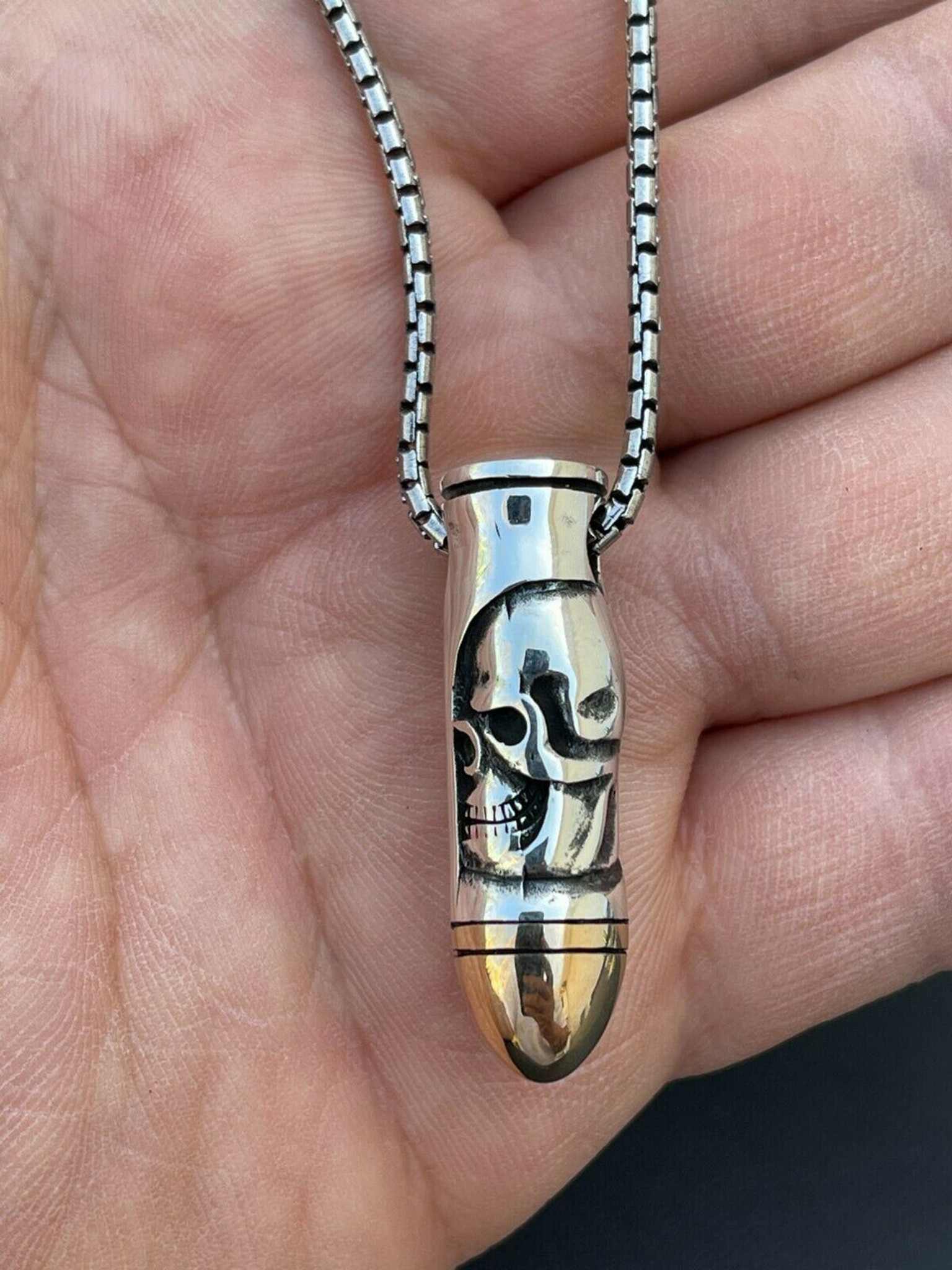 Men's Real 925 Sterling Silver & 14k Gold Bullet W. Skull Pendant