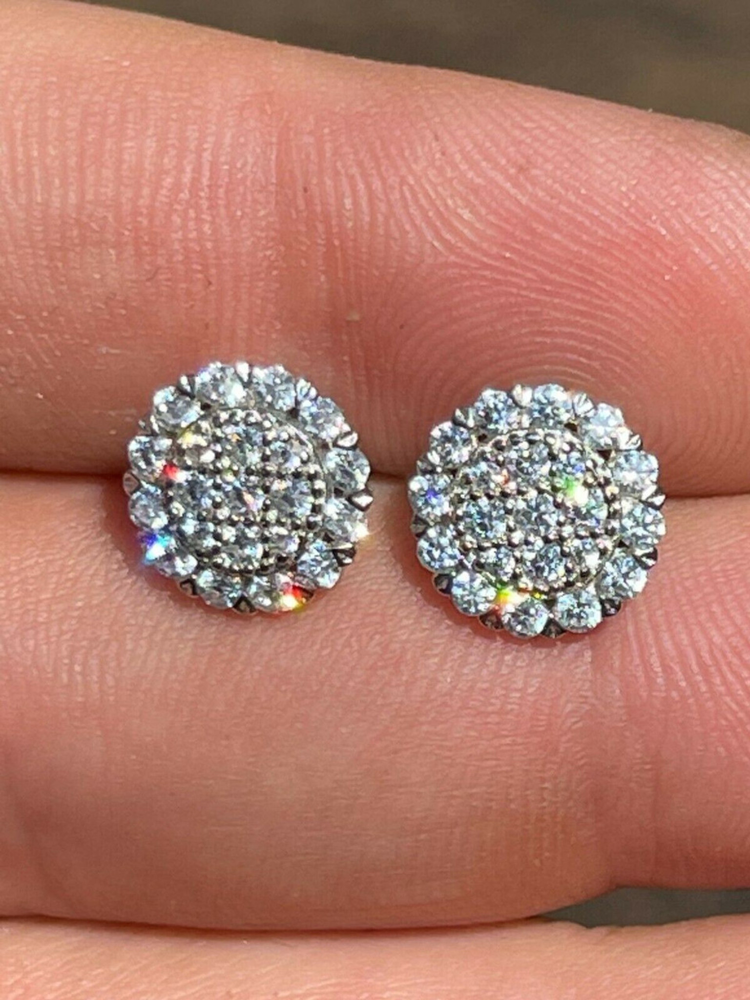 Real Solid 925 Silver Iced CZ Out Hip Hop Earrings Studs Large 10mm Mens  Ladies