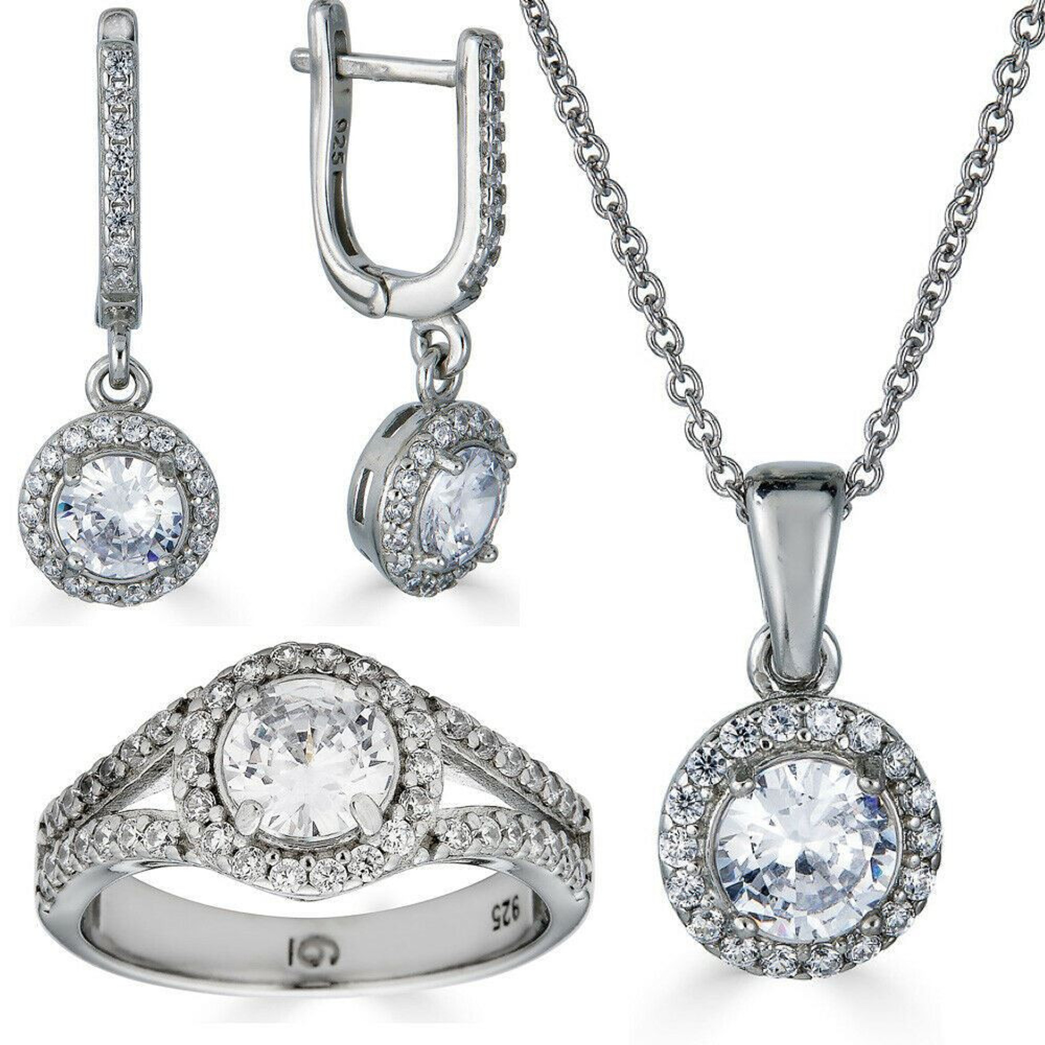 Real 925 Silver Diamond Ring Pendant Necklace Earrings Jewelry Set