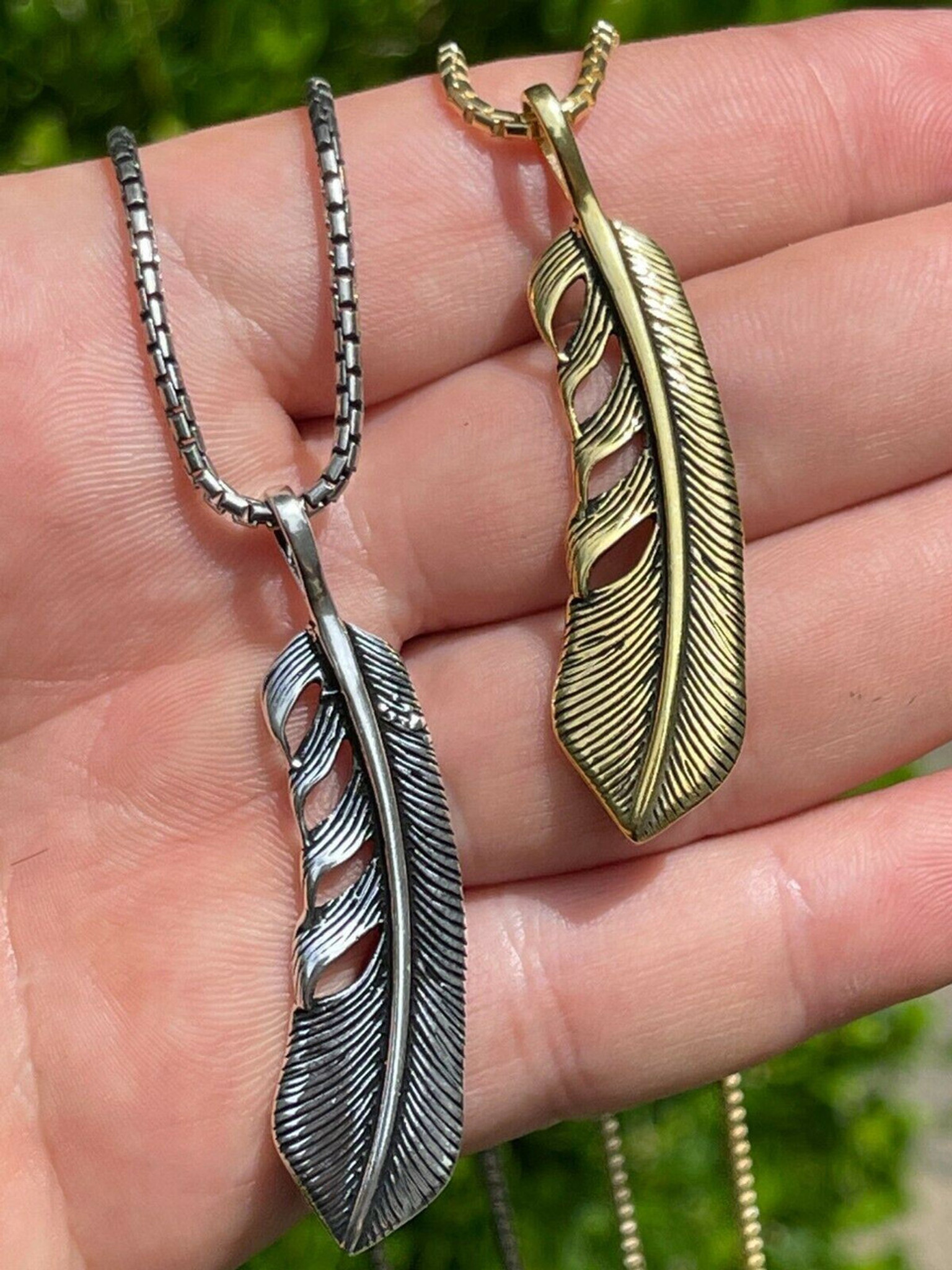 Real Solid 925 Sterling Silver Eagle Feather Pendant Necklace Gold