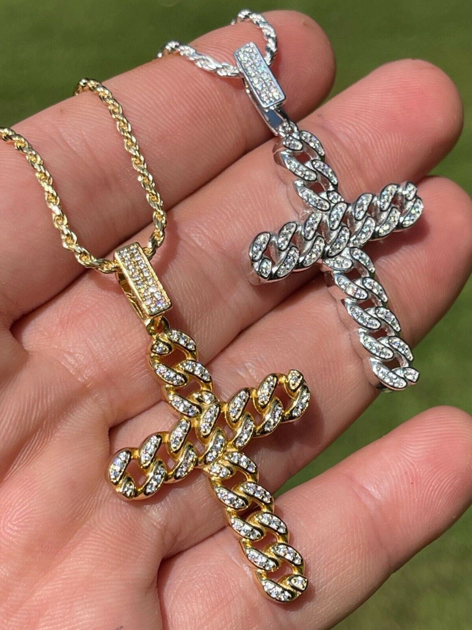 Real 925 Silver / Gold Cuban Link Cross Pendant Iced Hip Hop