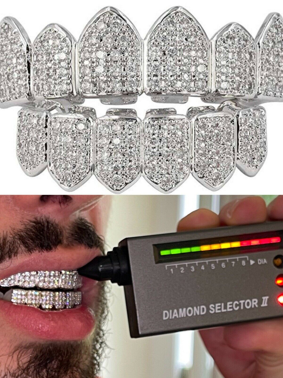 MOISSANITE GRILLZ Pass Diamond Test Teeth Top & Bottom Hip Hop 925