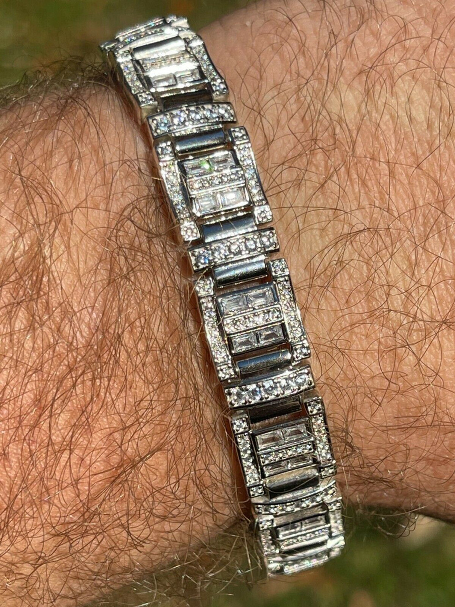 Men's Baguette & Round-Cut Diamond Link Bracelet 3/4 ct tw Sterling Silver  8.5