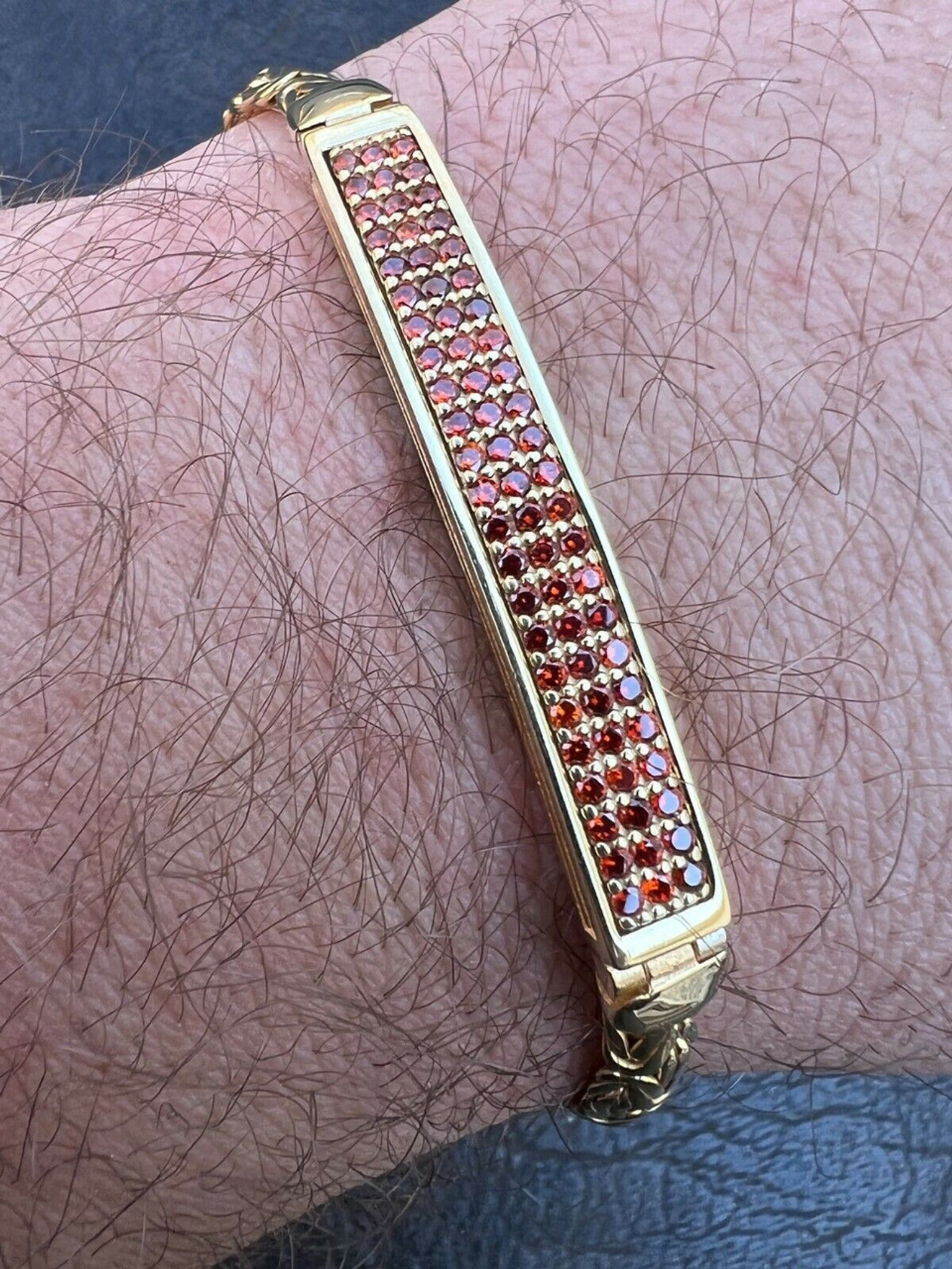 Men Real Presidential ID Bracelet 14k Gold Vermeil Silver Iced Red Ruby Hip  Hop