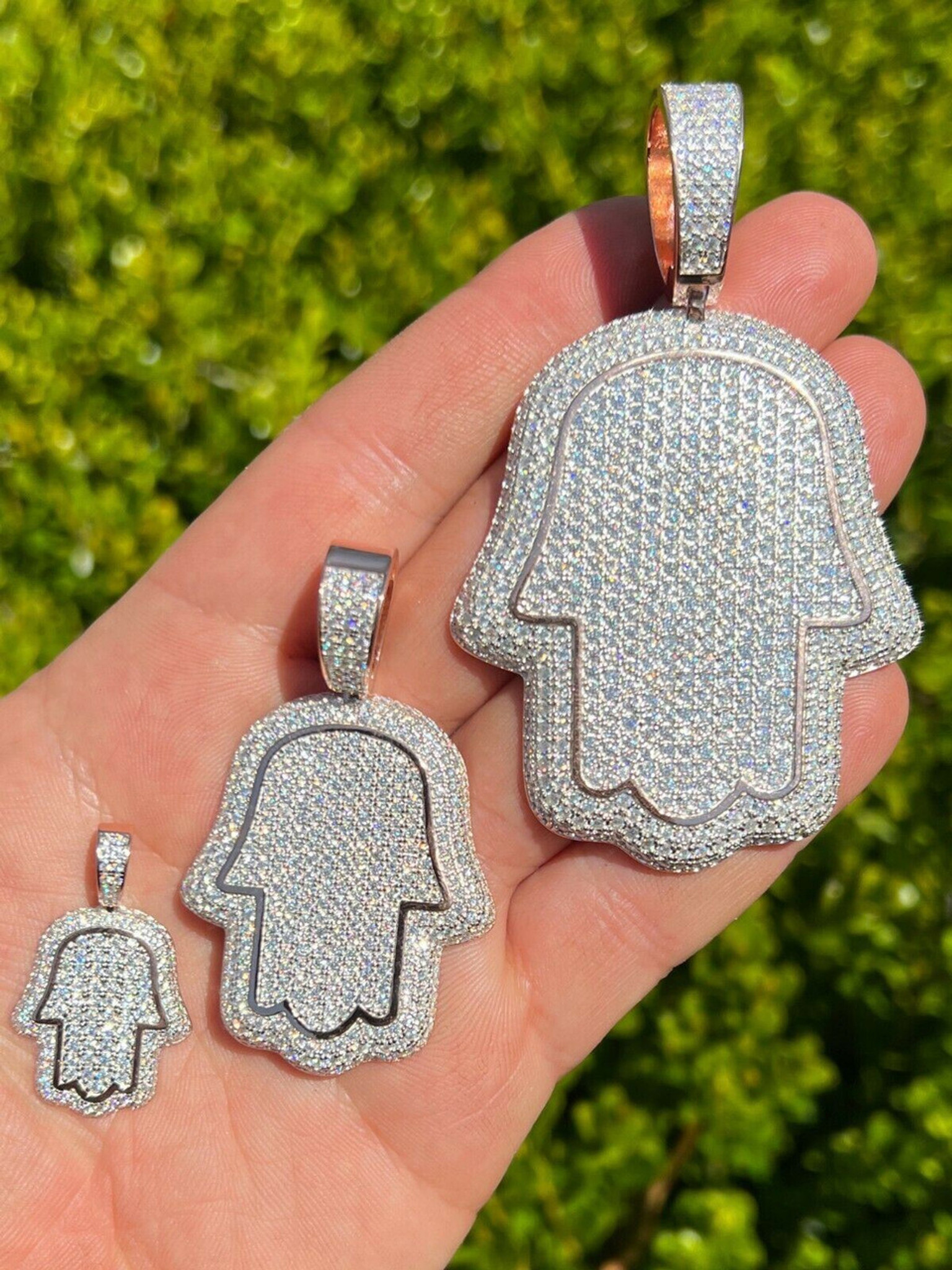 Real 14k Rose Gold Over 925 Silver Hamsa Hand Out Iced Diamond