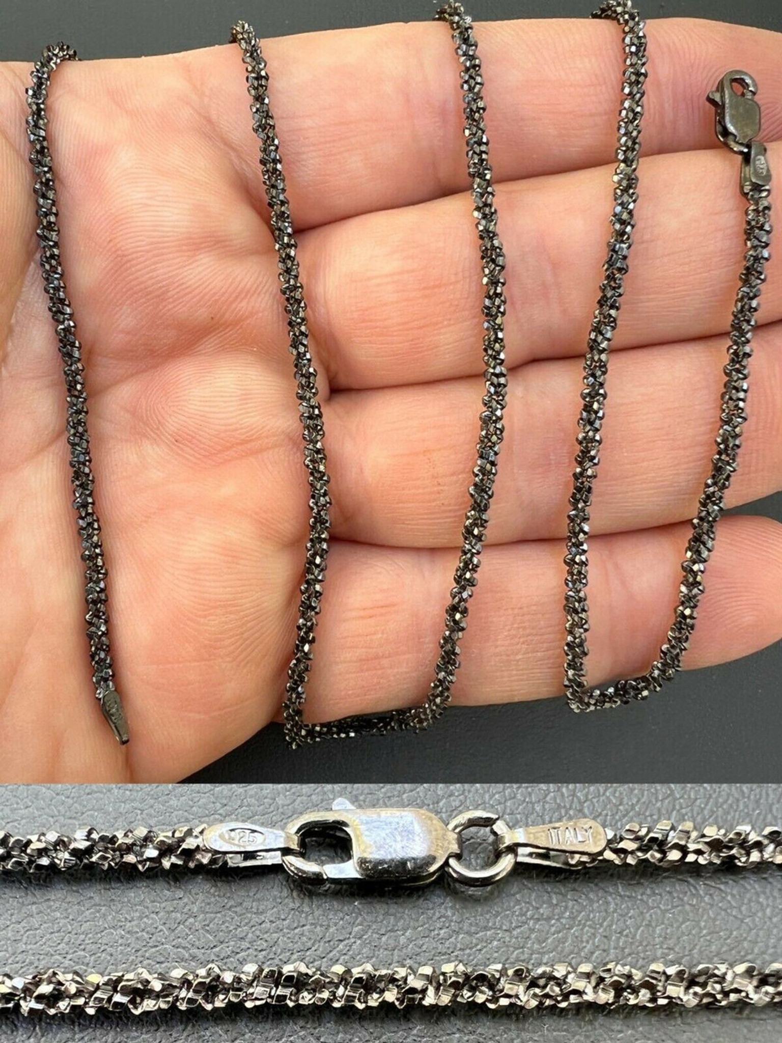 Black Rhodium Real 925 Silver Twisted Rock Sparkle Rope Chain Necklace  14-24