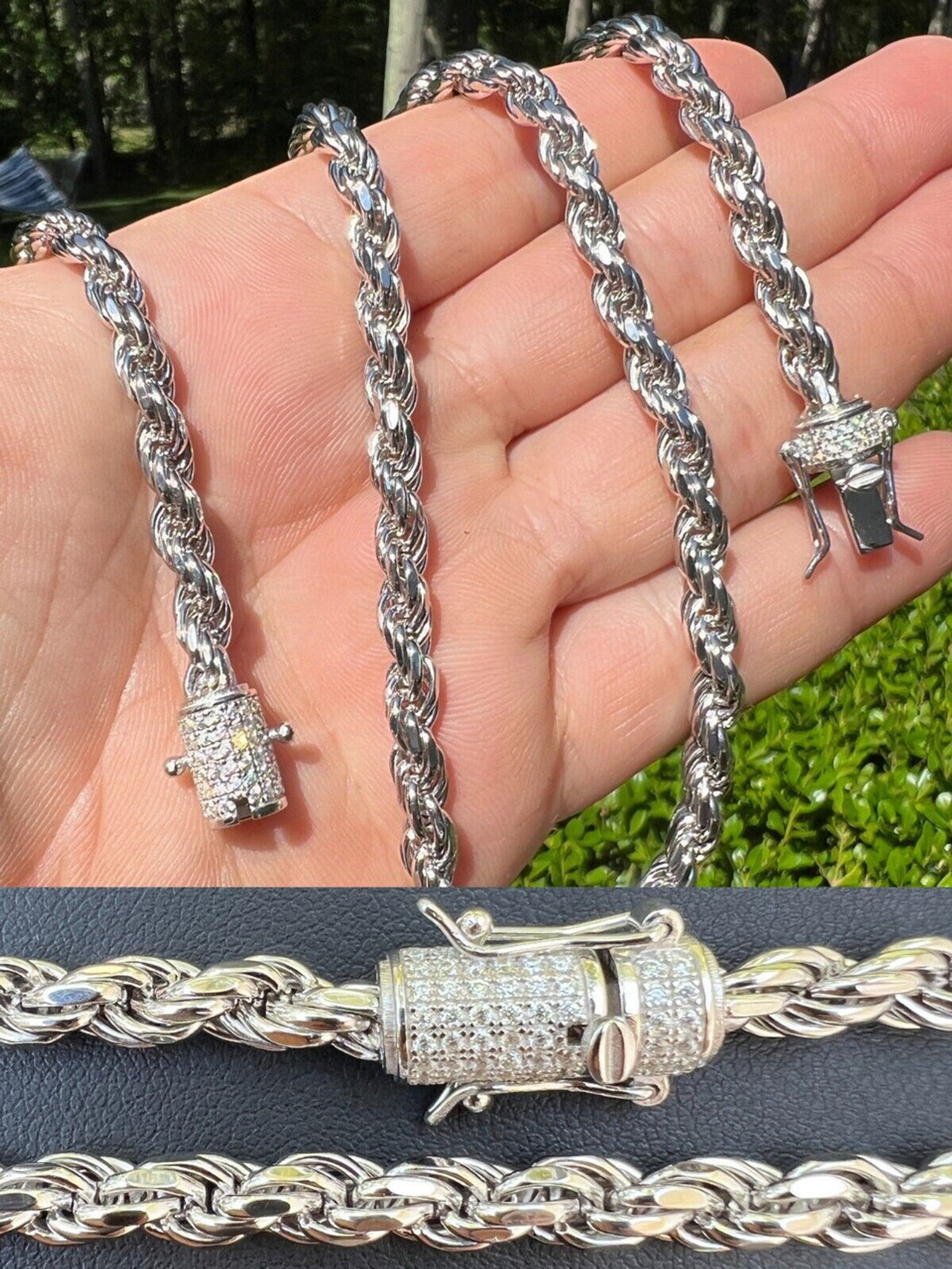 Real 6mm Rope Chain Necklace Bracelet Solid 925 Silver Iced 1ct