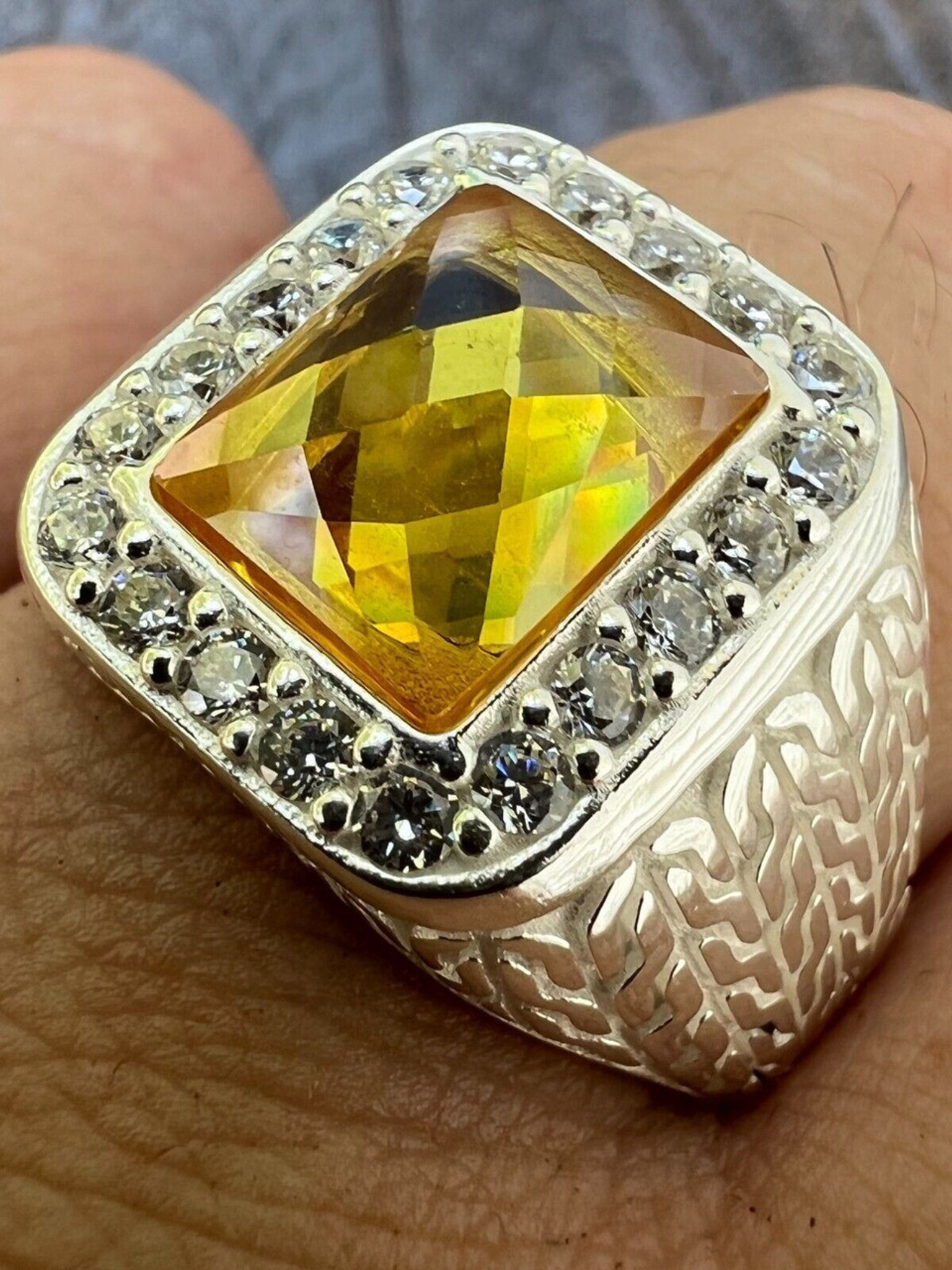 0.30 Carat Natural Fancy Light Yellow Cluster Cushion Diamond Men's Ring