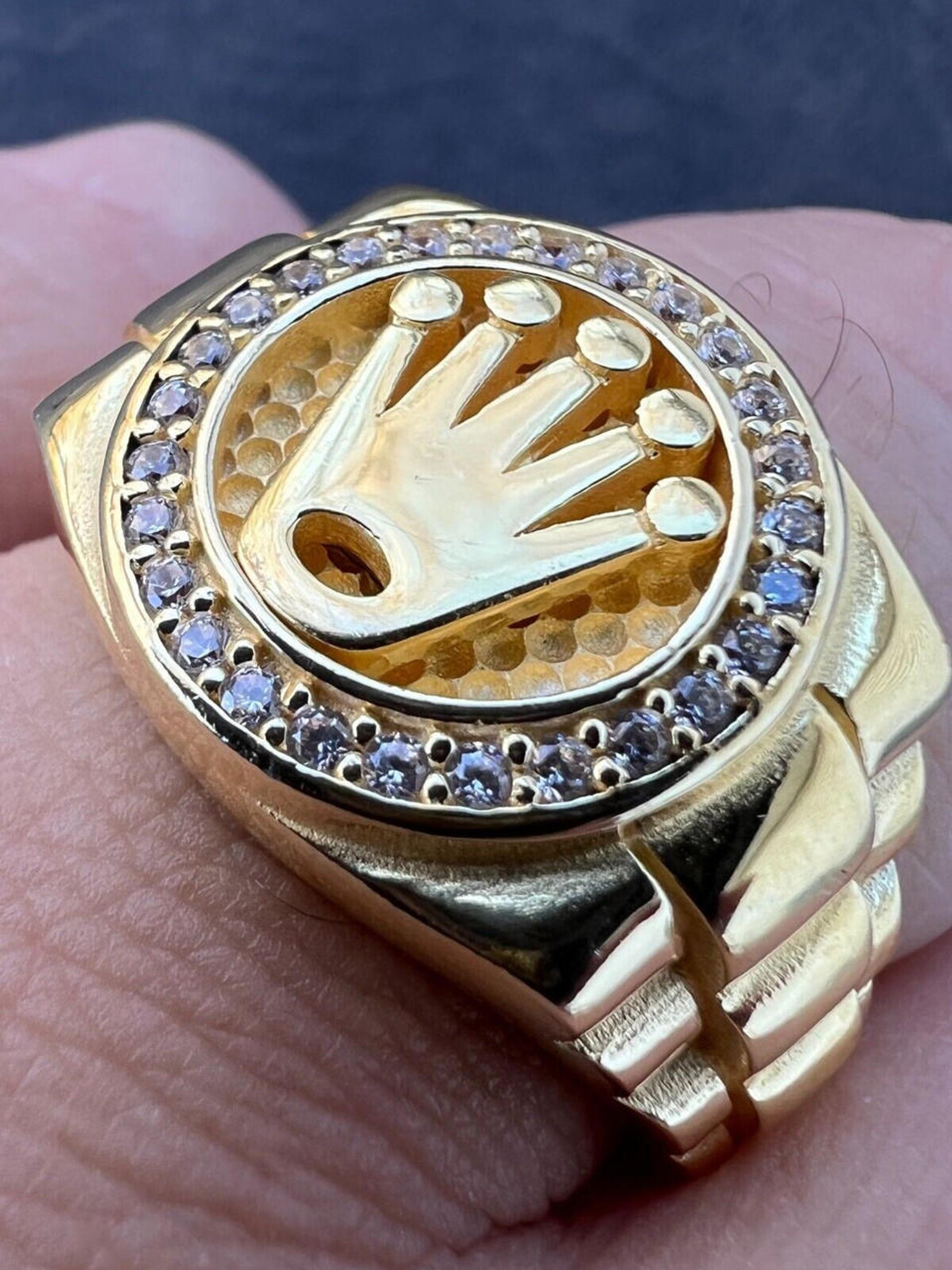 Mens Real 14k Gold Vermeil 925 Silver Iced Out Rolex Crown Ring