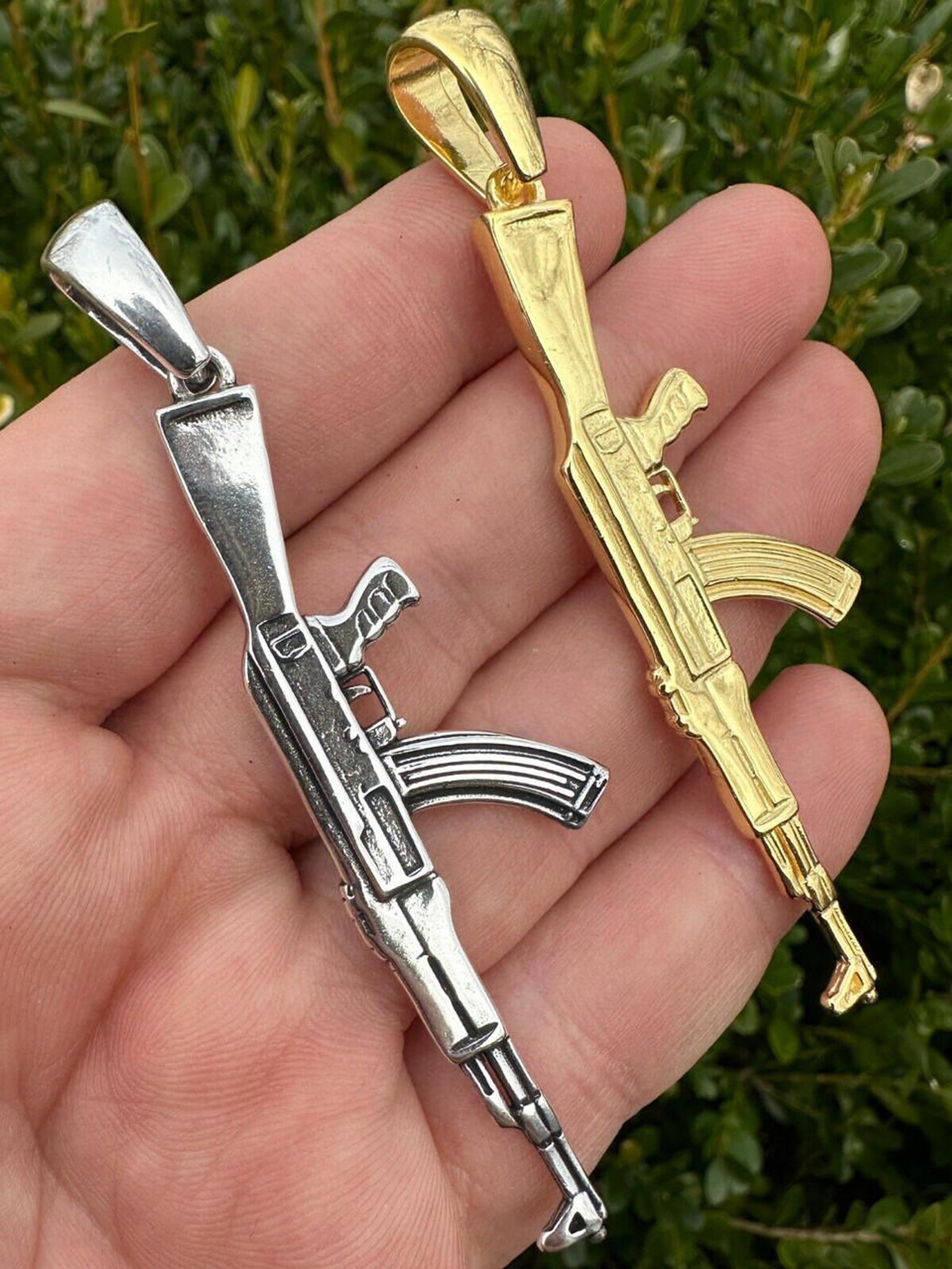 real solid 925 silver 14k gold mens ak47 gun rifle pendant necklace hip hop 29902.1678301981