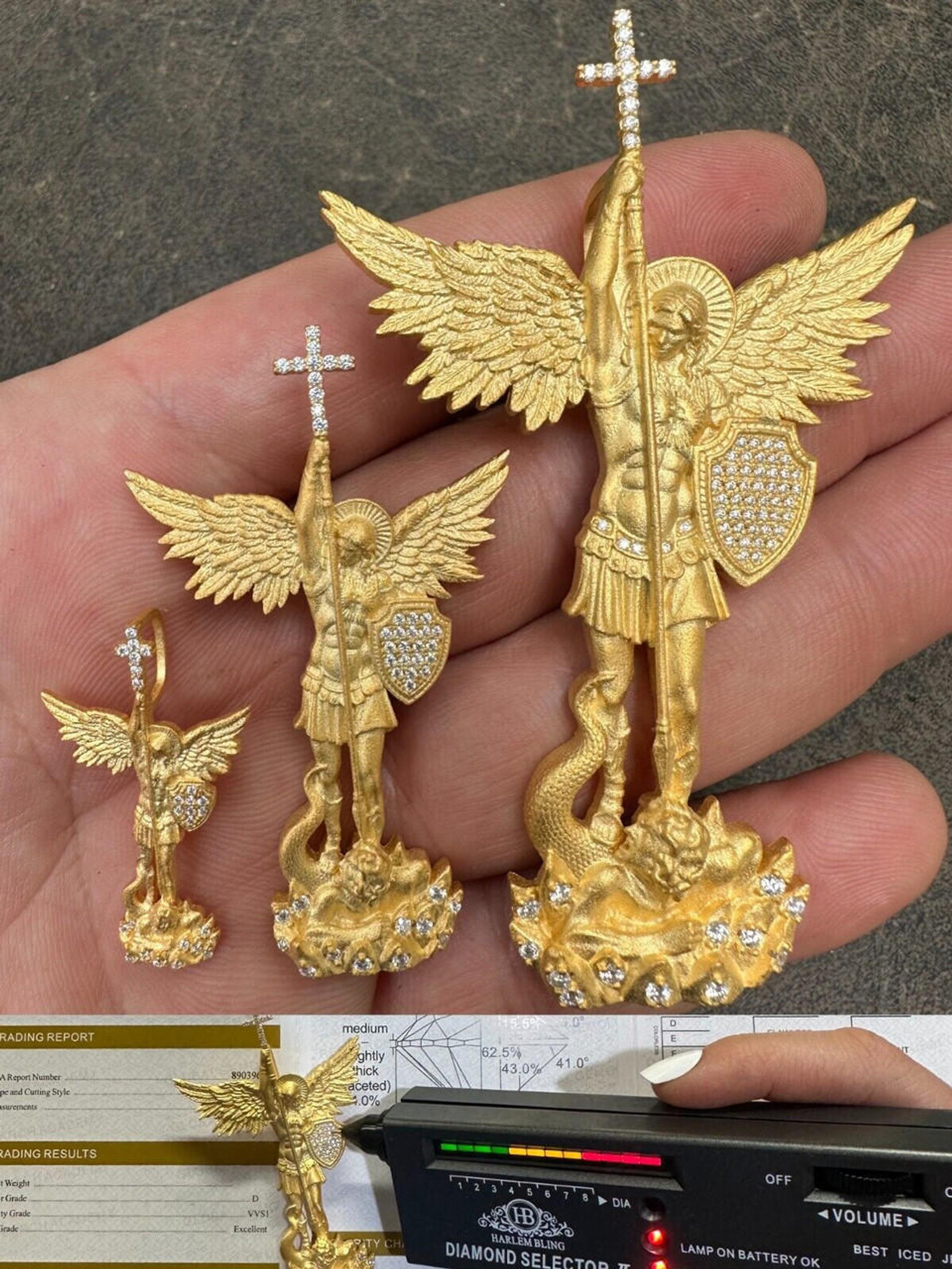 Real MOISSANITE Saint Michael Slaying Dragon Pendant 14k Gold Vermeil 925  Silver