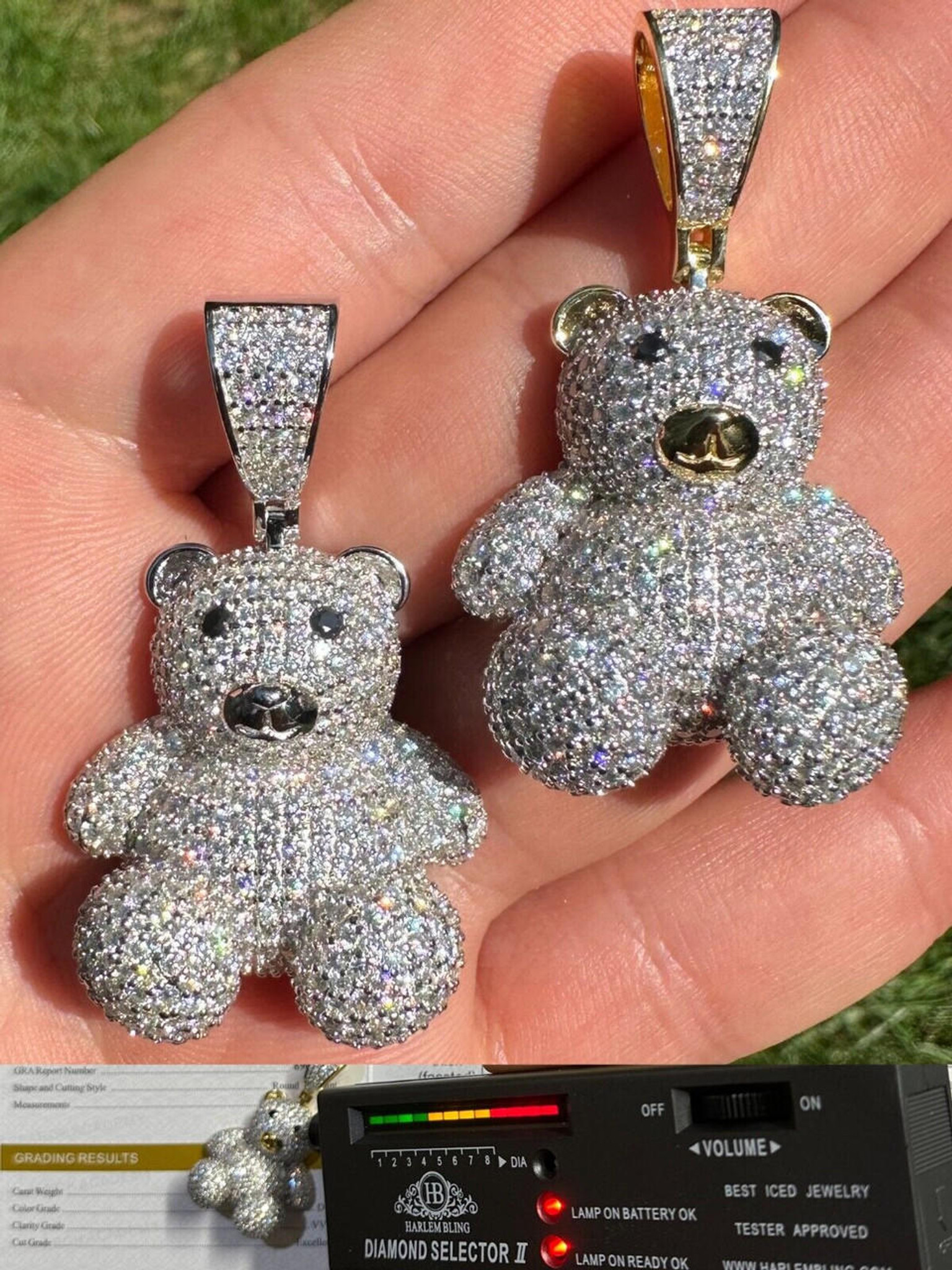 MOISSANITE Real 925 Silver / Gold Iced 3D Teddy Bear Pendant Hip Hop  Necklace