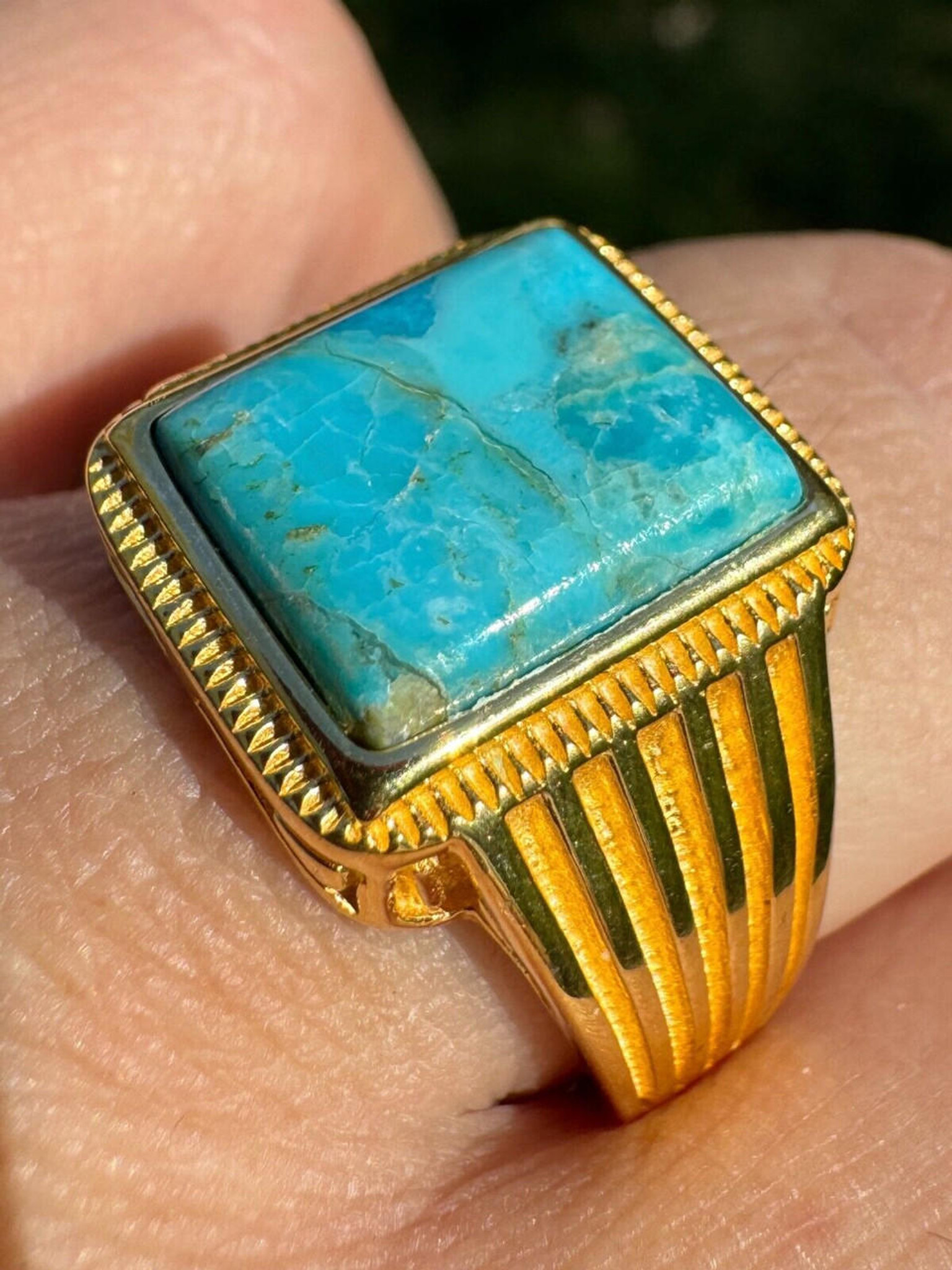 Blue Turquoise Ring Genuine Gemstone Mens Real 14k Gold Over 925